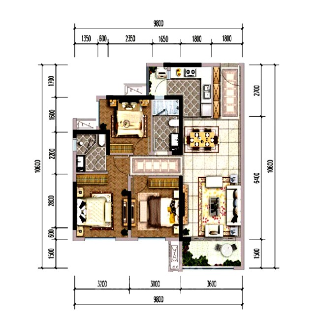 户型:3室2厅2卫面积:                                 94㎡(建面)在