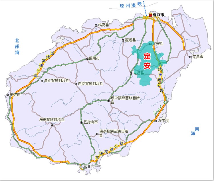 定安距离海境上,海南东线高速公路和建设中的中线高速公路穿越该县