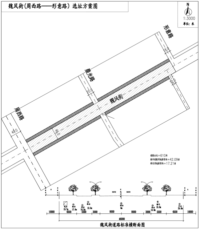 西起周西路,东至形意路,全长610米,红线宽46米,绿线宽66米,道路用地