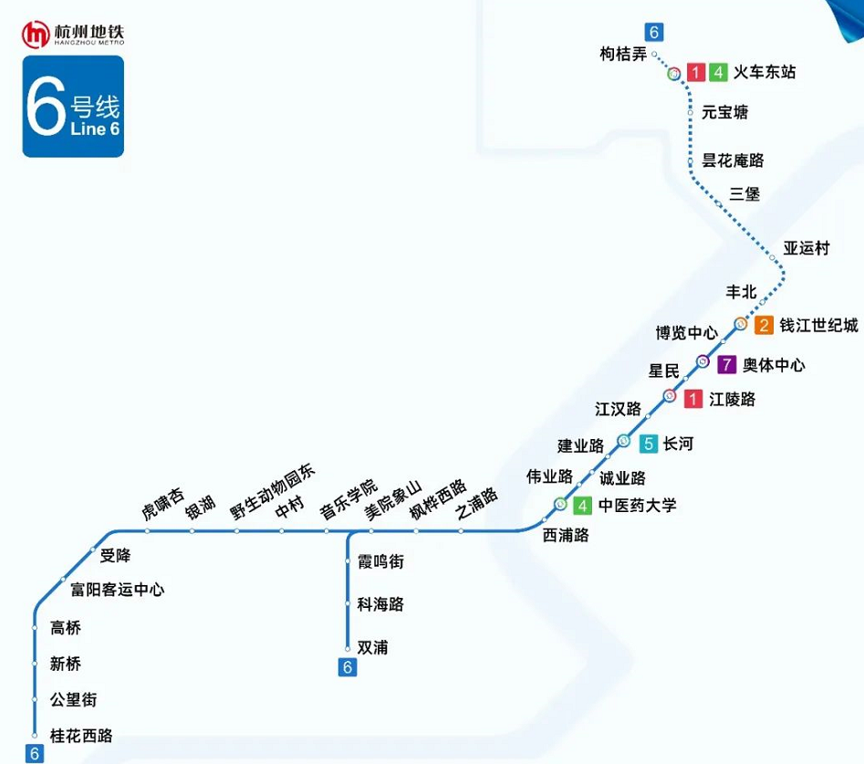 图为6号线线路图,一期和杭富地铁为实线部分地铁6号线一期工程西起之