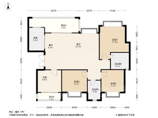 长寿璞缇1号4室2厅2卫户型图-长寿楼盘网