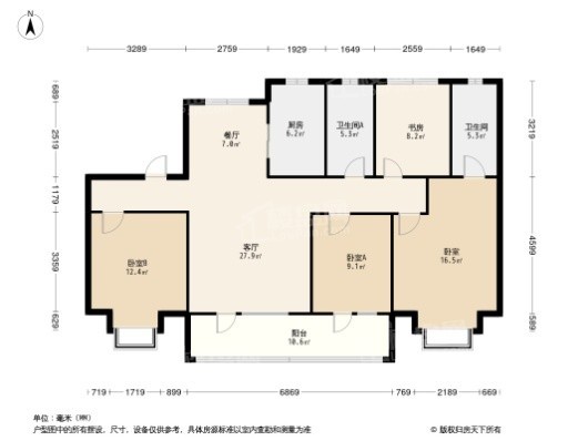 济宁华润置地·万象府3室2厅1卫户型图-济宁楼盘网