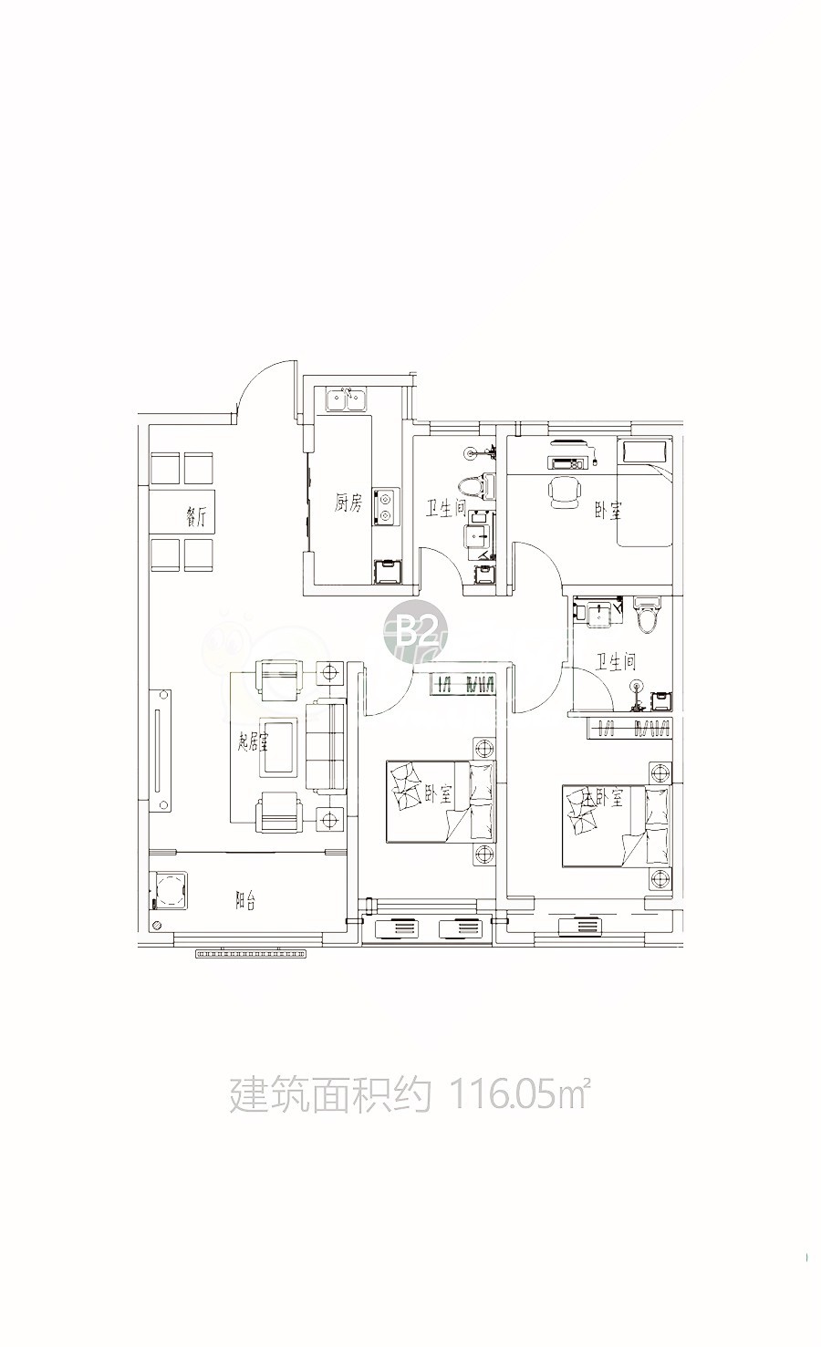 邯郸东城一号3室2厅2卫户型图-邯郸楼盘网