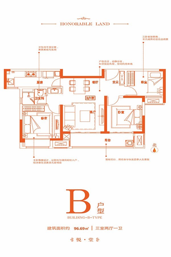 周口万科溥天龙堂3室2厅1卫户型图-周口楼盘网