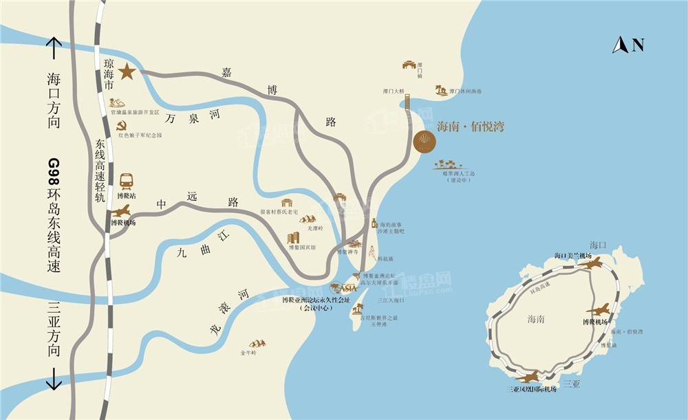 5公里即到;2,琼海市→沿嘉博路抵达博鳌镇→左转沿滨海大道北行4.