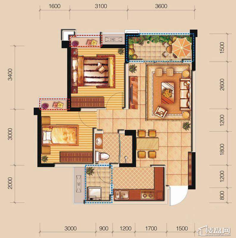 锦蓉佳苑天阔69平米l户型图2室2厅1卫1厨 69.00.jpg