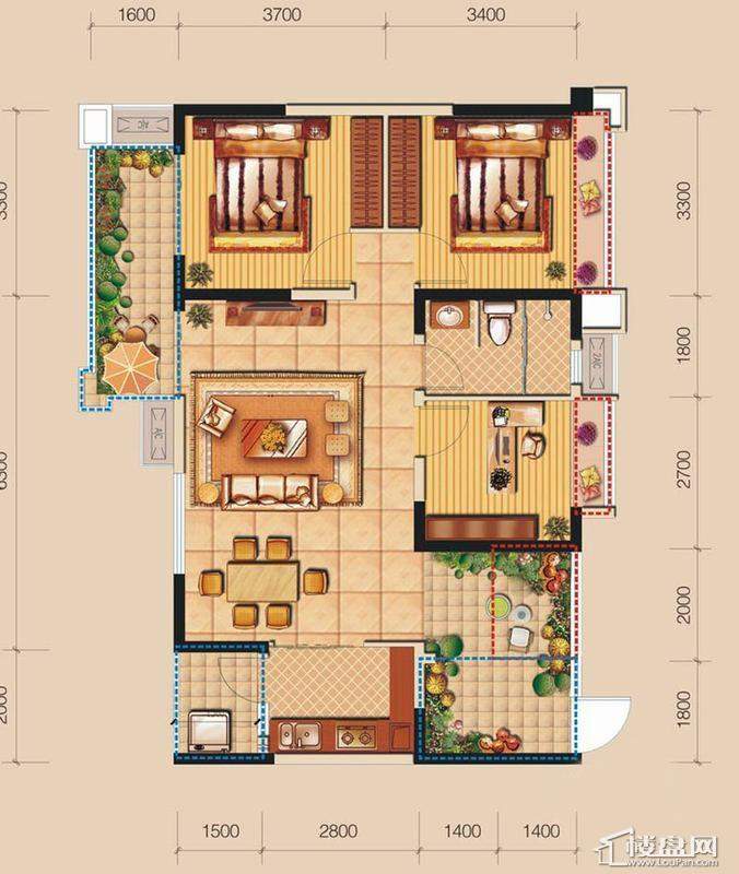 锦蓉佳苑天阔98平米h户型图3室2厅1卫1厨 98.00㎡.jpg