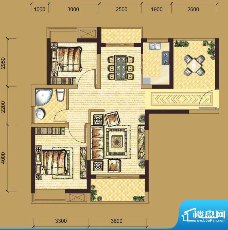 东郡b区b户型两房两面积:93.00m平米