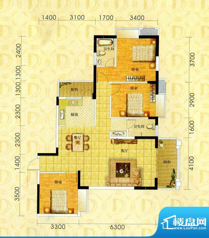 广华新城2室2厅1卫1厨61.00㎡户型图