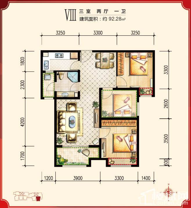 北京绿宸万华城3室2厅1卫户型图-北京楼盘网