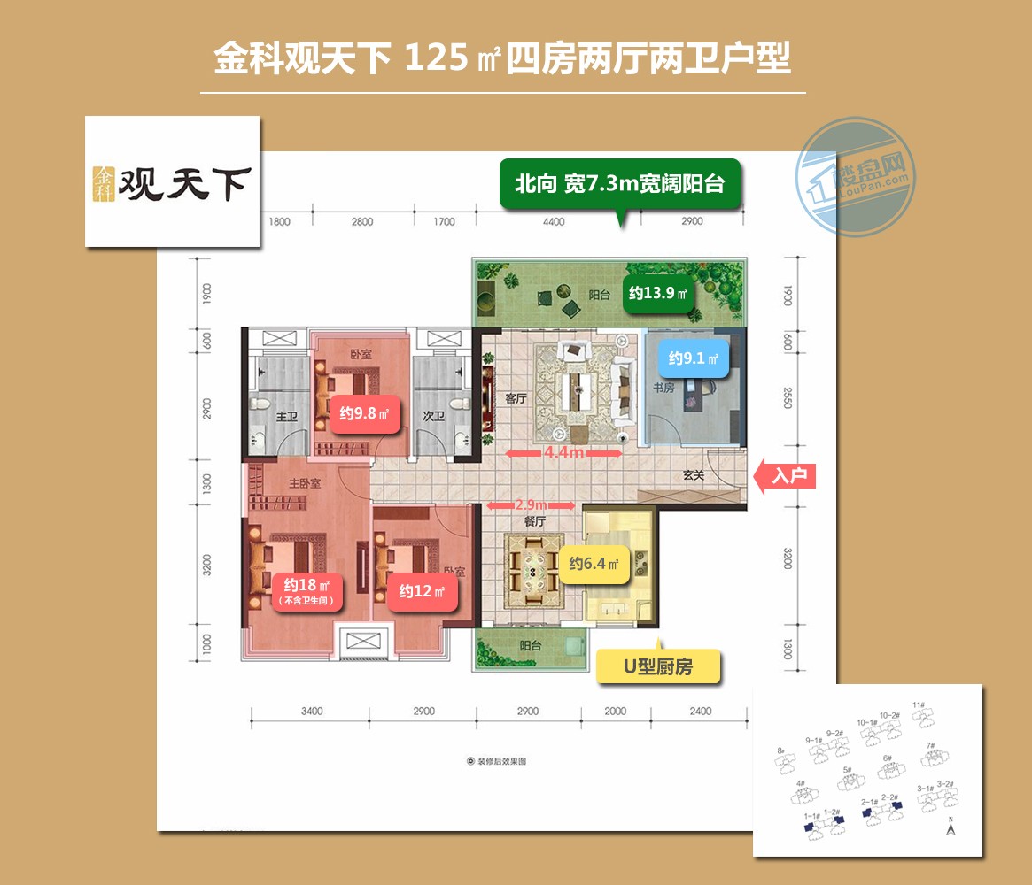 金科观天下的125㎡户型拥有三者之间最宽的阳台,宽度达到7.