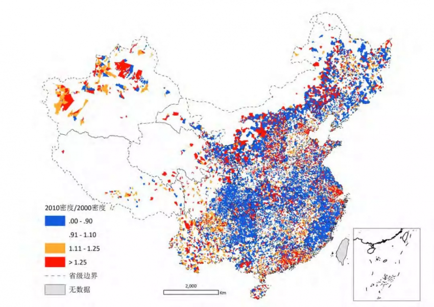 2000-2010年间中国乡镇和街道办事处人口密度变化图