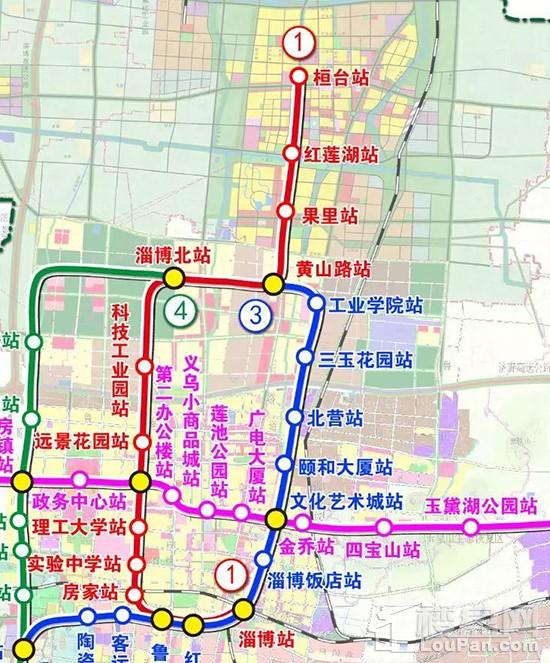 淄博规划1号线轻轨(图中①)