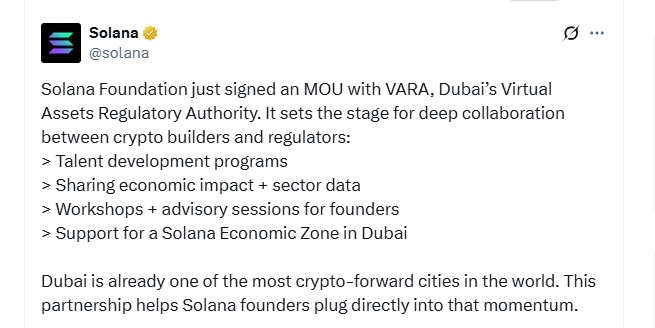 Solana Foundation Signs Memorandum of Understanding with Dubai Virtual Asset Authority