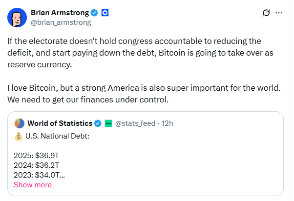 Coinbase CEO：若美债失控，比特币或将取代美元成为全球储备货币