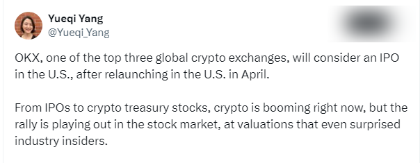 OKX considers IPO in the U.S., accelerating expansion after returning to the U.S. market