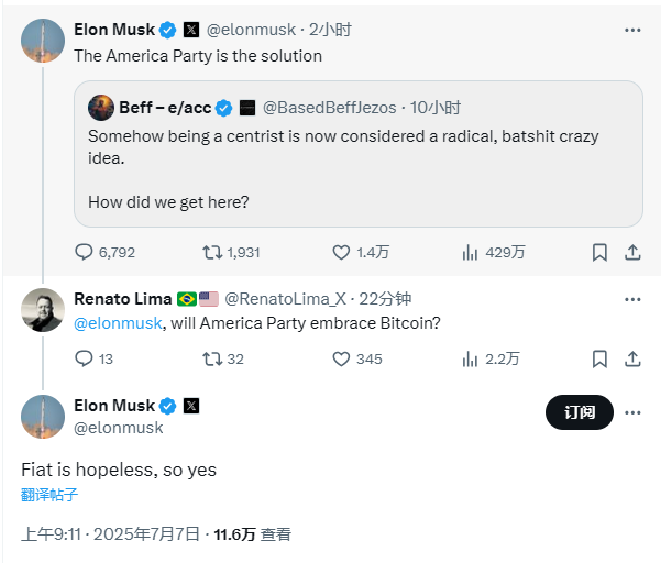 马斯克回应社区提问：“法币已无希望，美国党将支持比特币”