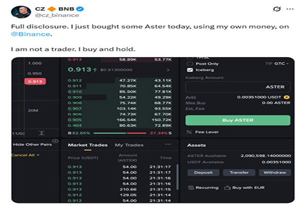 Aster价格在CZ披露购买后飙升超30%
