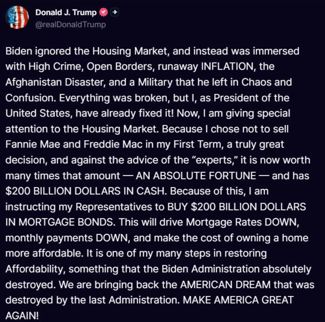 总统亲自「QE」?特朗普宣布2000亿美元抵押贷款债券购买计划