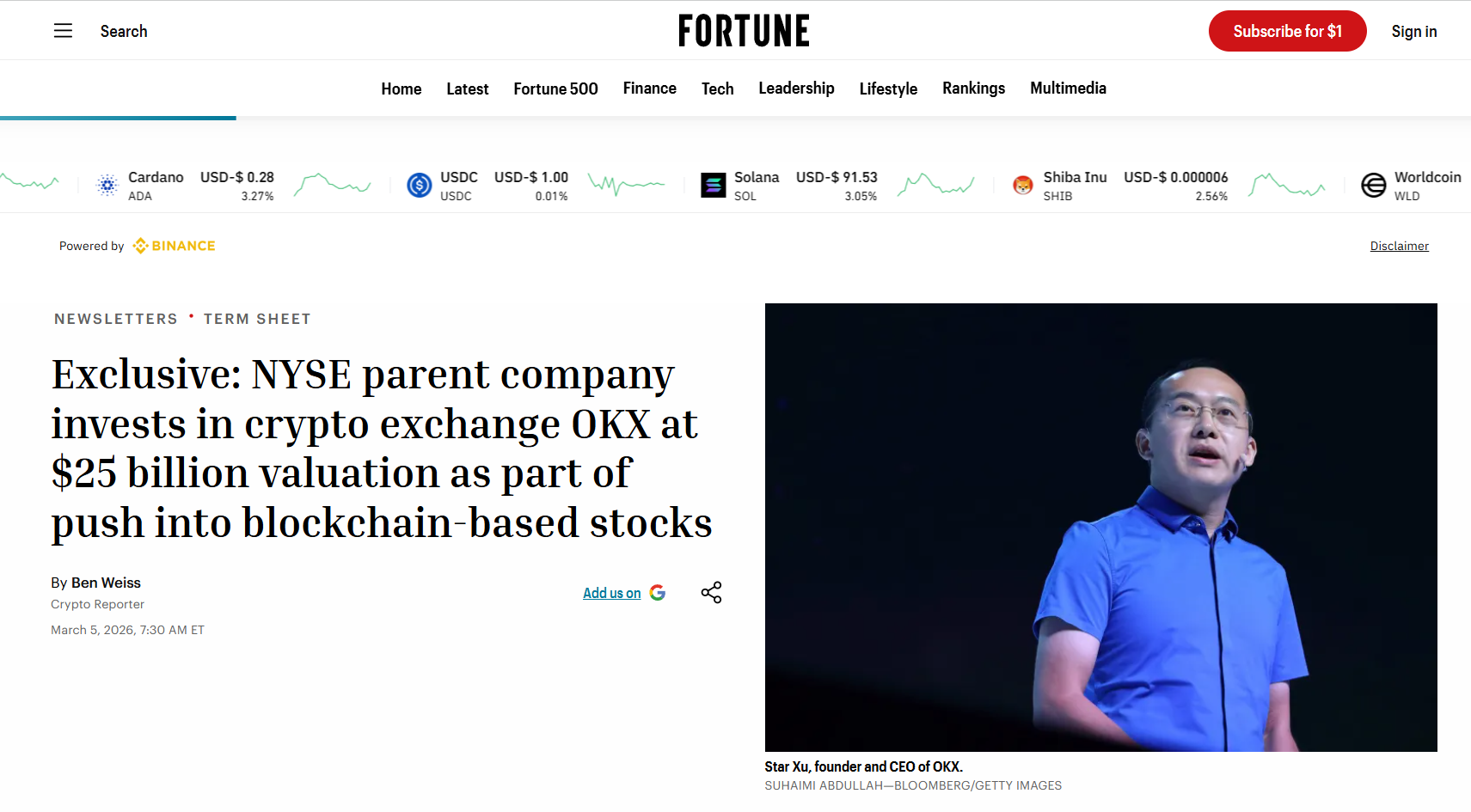 纽约证券交易所母公司投资 OKX，估值 250 亿美元