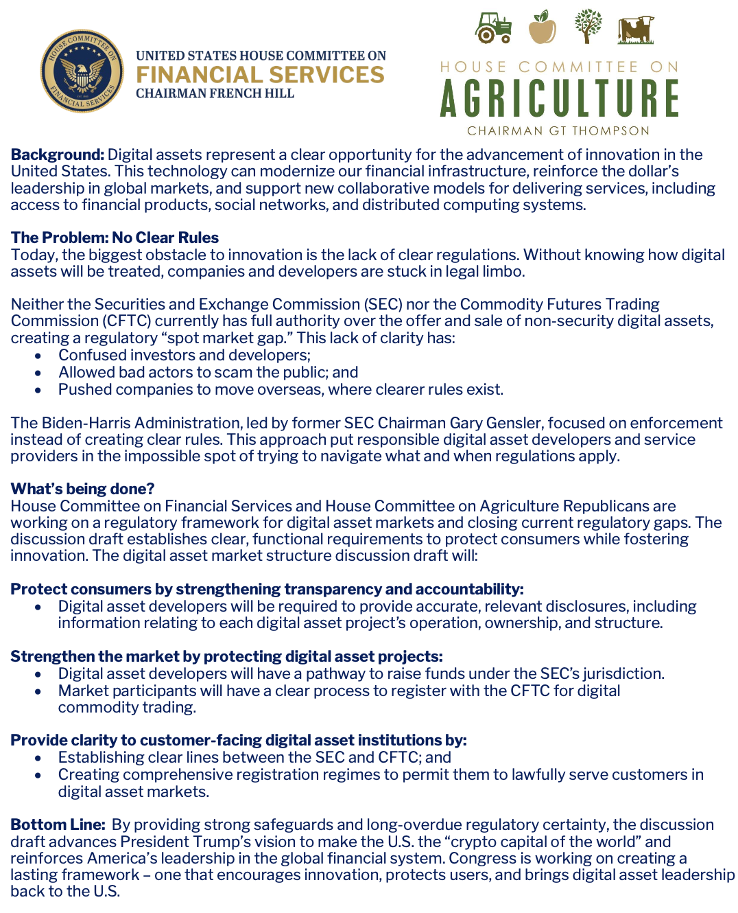 U.S. House Financial Services Committee Releases Discussion Draft of Digital Asset Market Structure Act of 2025