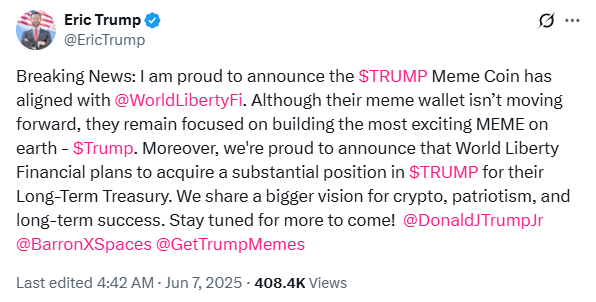 Eric Trump宣布TRUMP币与WLFI达成合作，推动“爱国主义加密愿景”