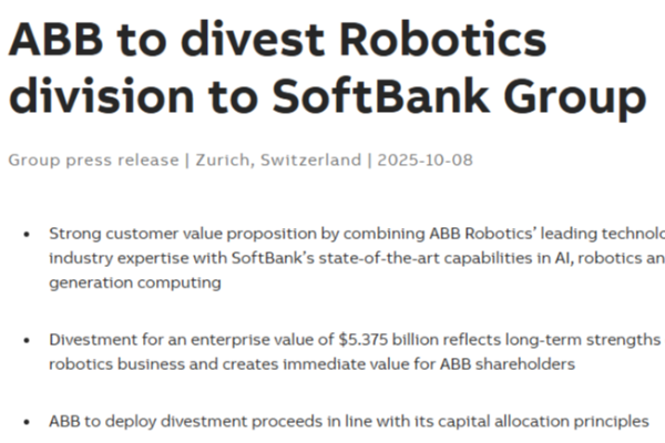 SoftBank acquires another major player! It will spend over $5 billion to acquire the robotics business of Swiss ABB Group