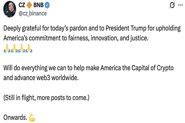 CZ：感谢特朗普特赦，将竭尽全力帮助美国成为加密货币之都