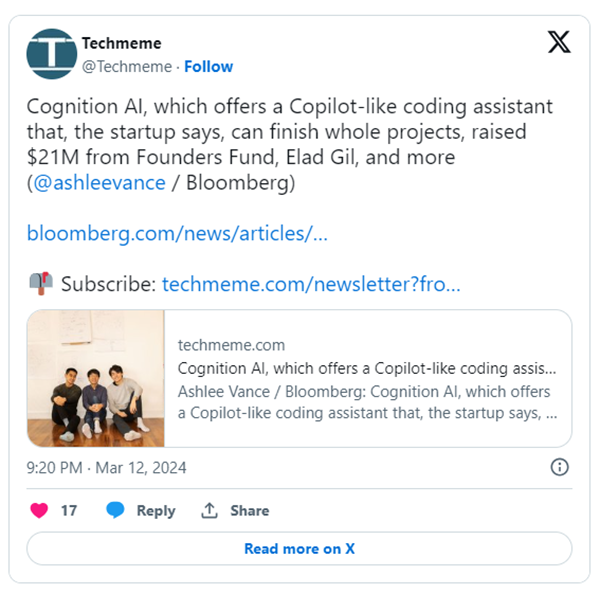 Cognition AI公司在融资 2100 万美元后收购了Cognition.ai