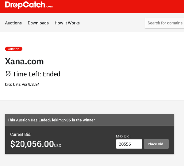 CVCV Domain Name Xana.com Sold for $20,056