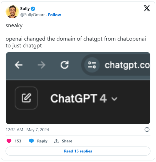 OpenAI domain has officially launched the domain name ChatGPT.com