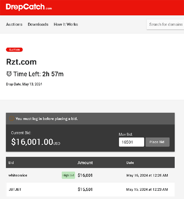 RZT.com,因持有者未续订，以1.8万美元成功拍卖