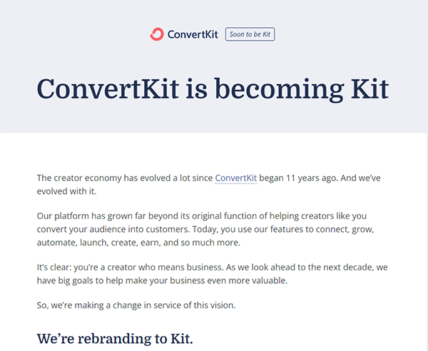 ConvertKit品牌重塑!转变为三字母域名Kit.com