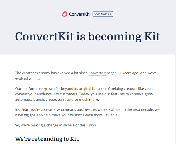 ConvertKit Rebranding! Transitioning to the three-letter domain name Kit.com