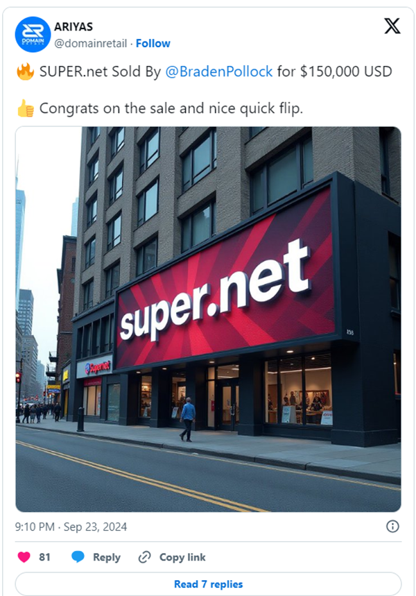 Super.net高价售出!15万美元成交,投资回报率逼近10倍