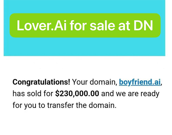 “boyfriend.ai”域名高价售出，AI域名市场持续升温
