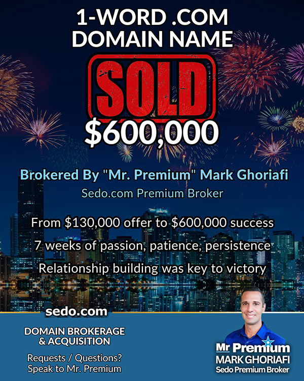 Mark Ghoriafi successfully facilitated the transaction of Pack.com's domain name for $600,000