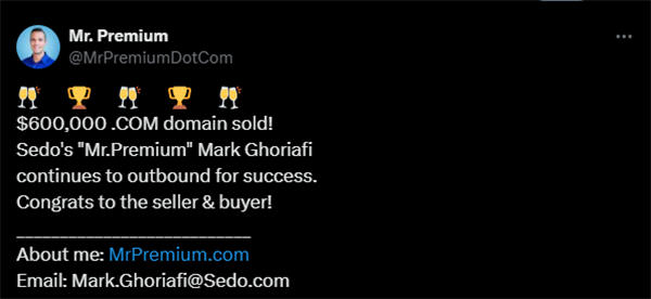 Mark Ghoriafi successfully facilitated the transaction of Pack.com's domain name for $600,000