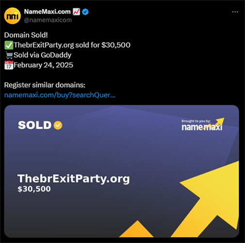 TheBrexitParty.org sold for $30,500