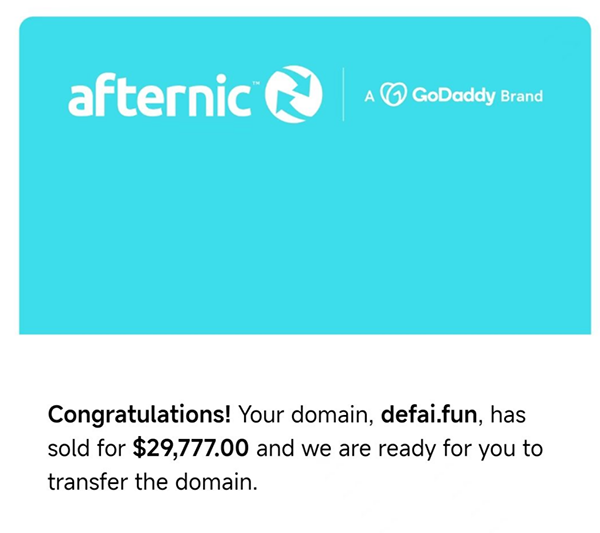DeFAI.fun 域名以 29,777 美元成交