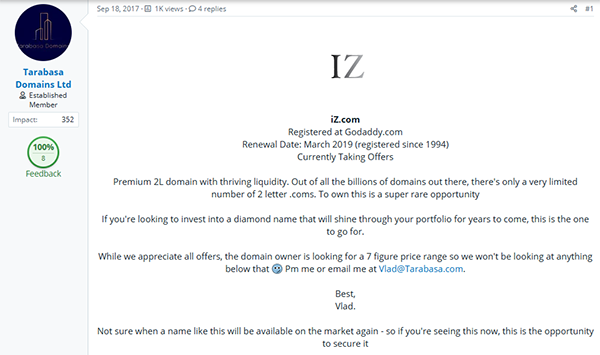 Rare two-letter domain name IZ.com was auctioned due to expiration