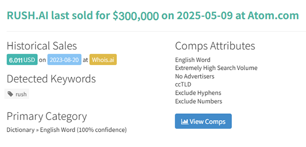 Rush.ai sold for $300,000