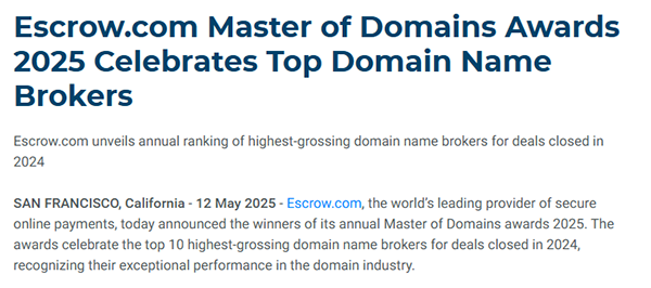 Escrow.com Announces 2025 Master of Domains Award Winners