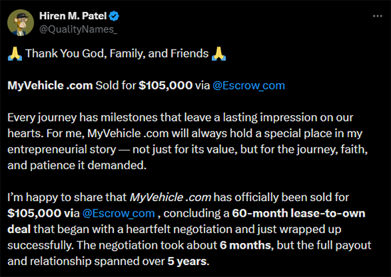 MyVehicle.com sold for $105,000, and the transaction was completed by renting first and buying later