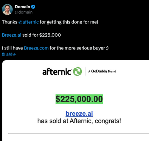 Breeze.ai以22.5万美元成交,今年.AI域名成交价第二高