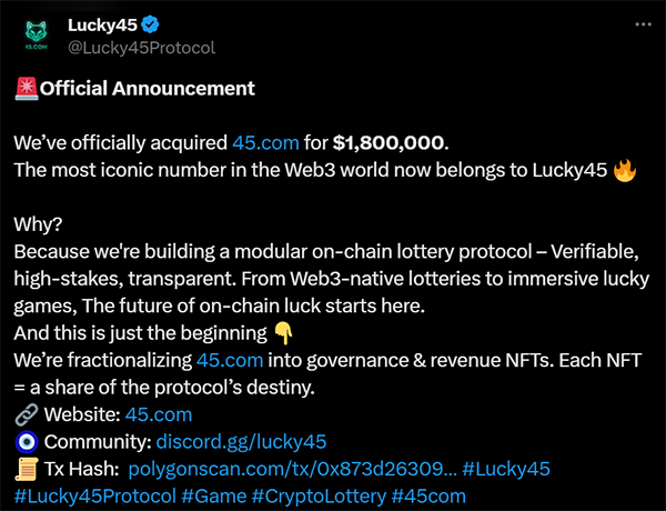 45.com changes hands for $1.8 million, and hard currency digital domain names explode again