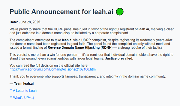 Leah.ai wins UDRP dispute, reverse domain hijacking officially recognized