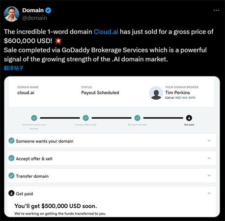 Cloud.ai以60万美元成交，创下年度最高 .AI 域名交易纪录