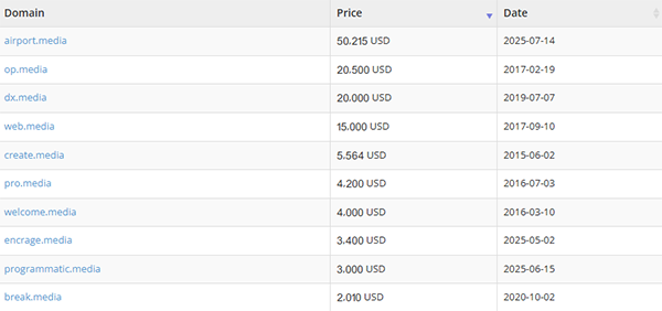 Airport.media sold for $50,215, setting a new record for the .media suffix