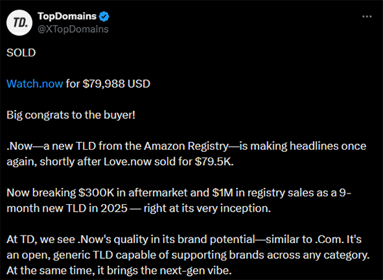 Watch.now sold for $79,988, setting a new record for the .now suffix